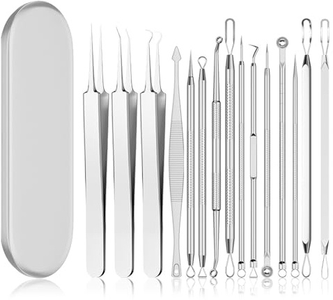 ALONK 15-teiliges Mitesserentferner Set, Pickel Ausdrücken Werkzeug aus Edelstahl mit Metallgehäuse für Akne, Whiteheads und Hautunreinheiten Im Gesicht