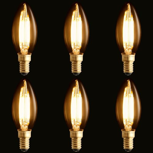 scicent 6 Pack E14 LED Candle Light Bulbs Warm White, C35, 4W, 2700K, Amber Glass, Dimmable Vintage Light Bulb, Small Screw Edison Light Bulb
