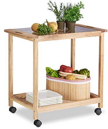 Relaxdays Carrello Portavivande Cucina, Legno di Noce, Carrellino con Ruote, Piano in Vetro, 62x66x38 cm, Marrone Chiaro