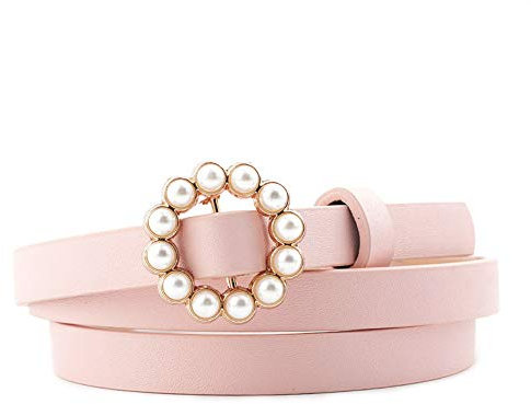 Cheerlife Damen Schmaler Gürtel mit Perlen Deko Metall Schnalle PU Taillengürtel Jeans Kleid Belt Kleidgürtel (Pink)