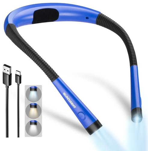 Glocusent Leselampe Hals, Leselampe Bett mit 3 Farben & 6 Helliggkeitsstufen, Buchlampe Wiederaufladbar 80 Stunden Dauer, Biegbare Arme, Leselicht Halslampe für Lesen Stricken Häkeln Nähen Reparieren