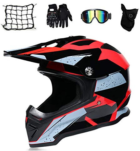 MRDEAR Motorrad Crosshelm Rot Off Road Helm Motocross Helm Set Mopedhelm Motorradhelm Enduro ATV Downhill MTB mit Brille Handschuhe Maske Motorrad Netz, Abnehmbares Futter,S