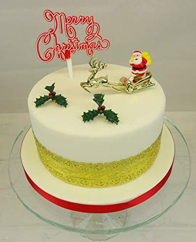 Christmas Decoration Topper Santa Sleigh Holly Red Script Motto Traditional Christmas Cake Frill Gold Band - Complete Set