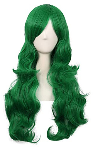 MapofBeauty 28 Zoll/70 cm Seitenscheitel Pony Charmante Frauen Lange Lockige Volle Haar Gewellt Perücke (Grass Grün)