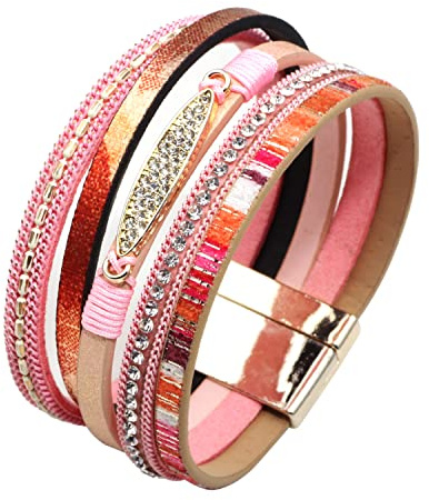 Mayting Bracelet en Cuir pour Femme Bracelet à Breloques Multicouches Bracelet à Fermoir Magnétique Boho Wide Buckle Wristband (A)