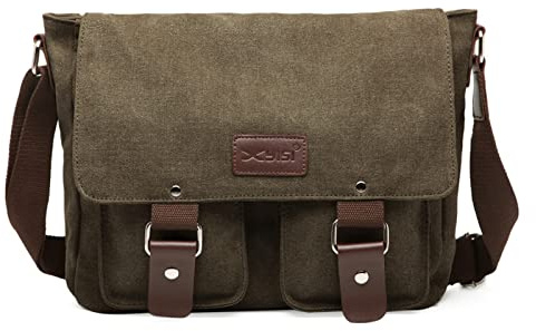 FORRICA Bolsa de Mensajero Hombres Lona Bolso de Bandolera Casual Bolsa de Hombro para Ordenador Portátil Escolar Bolso de Lona Verde