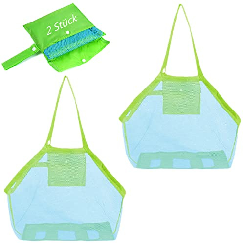 2 bolsas de playa para juguetes de playa, tamaño XXL, grande para juguetes de arena, juguetes de agua, para niños, saco de almacenamiento, para vacaciones familiares (correa azul,verde)
