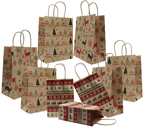 CCUCKY 9 Stück Geschenktüten aus Kraftpapier für Weihnachten, Papiertüte mit Griff zum Verpacken von Party Geschenken, Feiertagen, Festivals, 2 Größen