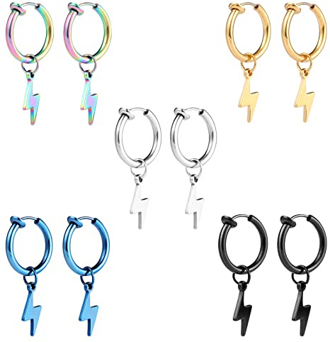 Epoch World Pack de 5 Pares Acero Inoxidable Rayo Pendientes Clip para Hombre Mujer Falsos Pendientes Mujer Clip Sin Agujero Plata Negro Oro