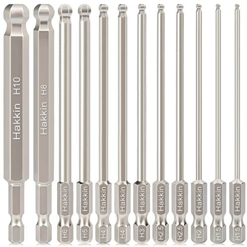 Hakkin 12Pcs Ball End Allen Key Bit Set 100mm Metric Ball End Hex Bits | 1/4” Hex Shank S2 Steel Magnetic Allen Wrench Drill bit Set H1.5 H2 H2.5 H3 H4 H5 H6 H8 H10 hex Key for Furniture Assembly