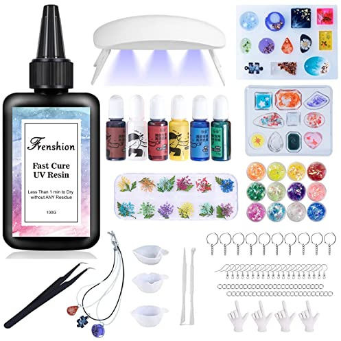 Kit de Résine UV 116 Pièces avec Lumière - Fabrication de Bijoux, 100g de Résine à Durcissement Rapide, Pigments, Accessoires - Kit de Démarrage