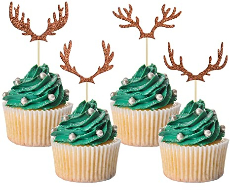 Gyufise 24Pcs Deer Cupcake Toppers Brown Glitter Antler Cake Picks Merry Christmas Cake Decorations Wedding Baby Shower Birthday Hunting Xmas Holiday Party Cake Decoration Supplies