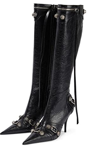 Oiamenne Knee High Boots for Women Fashion Slide Zipper Pointed Toe Stiletto Studded High Heel Rivets Tassel Boots Party Dress Shoes
