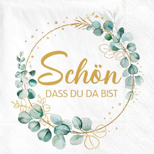 Sprinlot 40 Stück Servietten Schön Dass Du Da Bist, Servietten Hochzeit Geburtstag Eukalyptus, Servietten Salbeigrün, Servietten Eukalyptus Grün, Geburtstagsservietten Taufe Kommunion Tischdeko