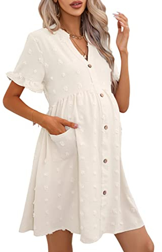 KOJOOIN Damen Maternity Swiss Dot Summer V Neck Short Sleeve Button Down Mini Dress Baby Shower Photoshoot Lässiges Kleid