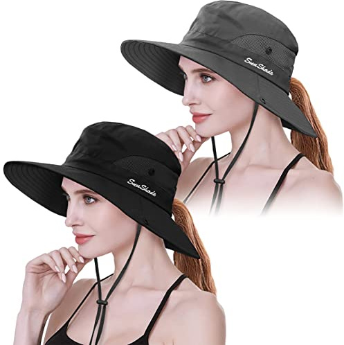 IYEBRAO 2 Stück Pferdeschwanz Sonnenhut Damen-UV Schutz Breite Krempe Sommerhut mit Nackenschnur-Sonnenschutzhut Strandhut Fischerhut Anglerhut Gartenhut Outdoor Hut