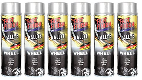 6x Felgenlack, Felgensilber, Felgenspray Fast Finish, Sprühlack, 500ml, hochpigmentierte Schutzlackierung für Stahl- und Leichtmetallfelgen