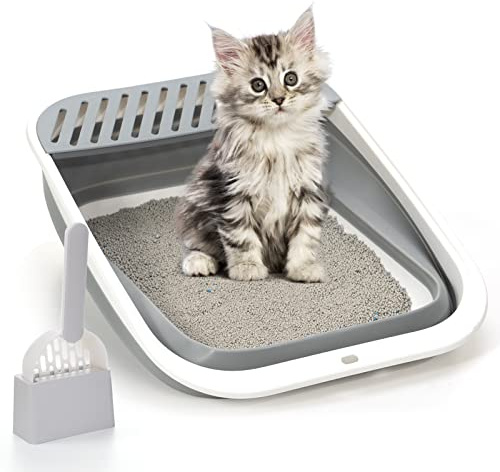 TomteNisse Large Foldable Cat Litter Box, Height-Adjustable Sides, Anti-Splash, Open Air, No Smell, Easy Clean with Cat Litter Scoop (Gray)