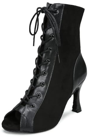 Women Suede Ballroom Dance Boots Latin Salsa Dress Shoes Practice Footwear 3.5inch Heels YT229(7, Black)