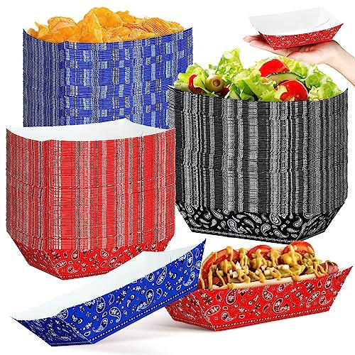 Gejoy 120 Pcs Western Party Plates 1 lb Cowboy Plates Bulk Bandana Paper Food Trays for Rodeo Cholo Party 250th Anniversary Decorations(Red Blue Black)