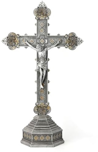 Crocifisso cattolico BC Crocifisso in piedi per altare, crocifisso d'argento decorazione da tavolo per casa elegante e moderna, regalo religioso, 37,3 cm H scultura rinascimentale fatta a mano da