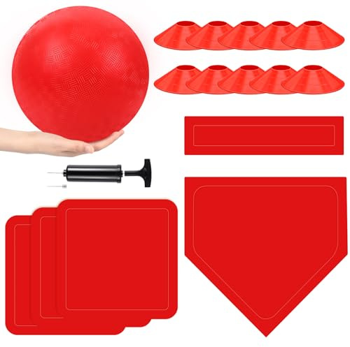 Hiboom 16 Pcs Sports Kickball Set Includes 10 Inches Playground Ball 5 Rubber Throw Down Bases Ball Pump 10 Foul Line Cones for Kids Adults Playground School Backyard Game Camps Picnic (Red)