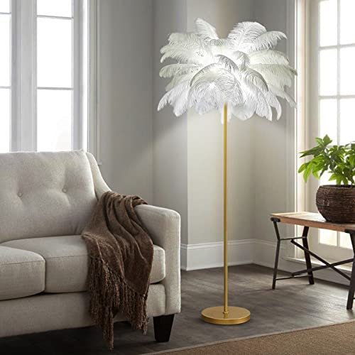 LDIEUWUET Federlampe, Straußenfeder Stehlampe Wohnzimmer Federlampe, 160cm LED Stehlampe Gold, Straußenfeder Feder Lampe Moderne mit Fußschalter für Wohnzimmer, Schlafzimmer