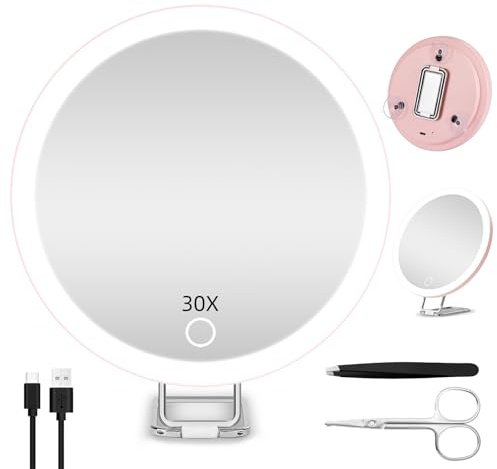 JADAZROR Specchio compatto a LED Specchio ingranditore 30X con luce, Specchio da viaggio da 15cm con ingrandimento, Specchio ingranditore illuminato ricaricabile, Specchio per trucco portatile Regalo