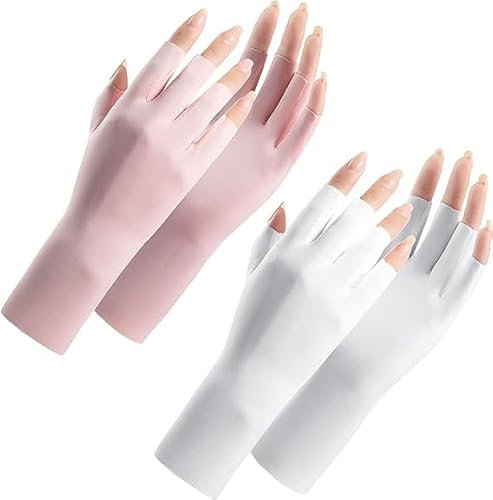CaySep Fingerlose Handschuhe für Damen, Sommer, UV-Schutz, kühle Eisseide, Sonnenschutz, Fahrhandschuhe, Unisex, Rosa/Weiß, 2 Stück, Einheitsgröße
