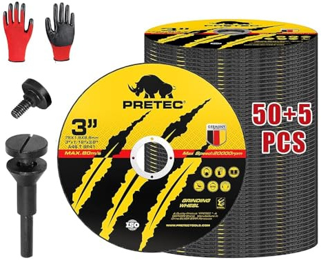 PRETEC Cut Off Wheels 55Pcs, 3 Inch Die Grinder Cut Off Wheels with 1/4 in Mounting Mandrel Kit for Die Grinder, 3/8 Arbor Hole Cutting Wheel for Metal & Stainless Steel Rotary Tool Drill Attachment