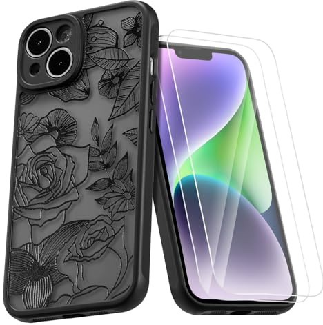XIZYO Case for iPhone 15, Frosted Translucent Rose Floral Flower Pattern Shockproof Cover with 2 Screen Protectors, for Girls Women Cute Luxury Slim Soft TPU Bumper Phone Case, Black