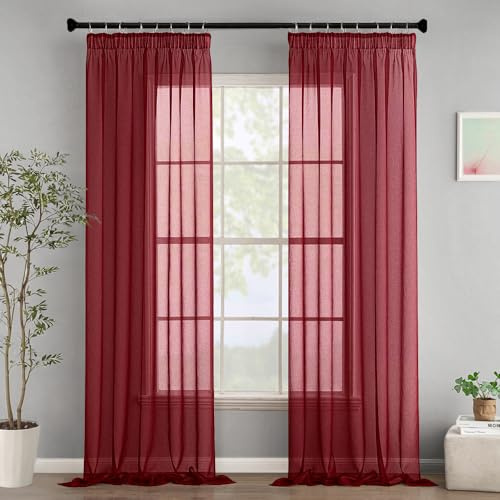 Woaboy Gardinen mit Kräuselband Voile Wohnzimmer 2er Set 140x225cm Wein Rot | Vorhänge Transparent Sheer Curtains Stores Gardine Schlafzimmer Modern Schlaufengardinen