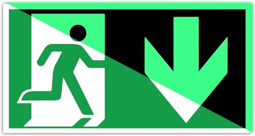 DinAliX Notausgangsschild Beleuchtet Runter | 300 x 150 mm PVC Schild Notausgang Selbstklebend | Entsprechend ISO DIN 7010 / DIN 67510