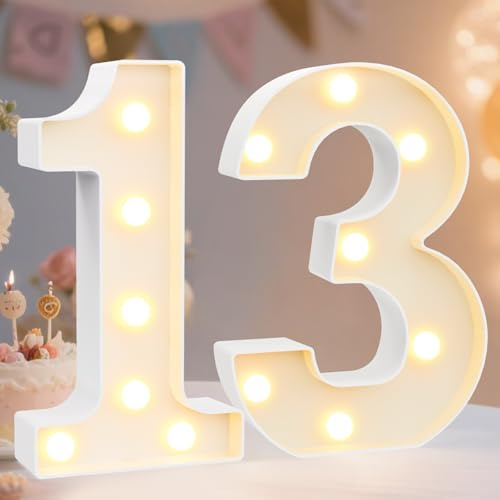 Decorative LED Light Up Numbers, 13th Birthday Decoration for Girls Boys, Marquee Numbers 13 Sign for Party Backdrop 13th Wedding Anniversary Decor, Battery Operated Number 13