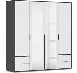 Rauch Möbel NAGATA, Kleiderschrank, Farbe Weiß/Grau metallic, Breite 187 cm | Schrank, Mehrzweckschrank, 4-türig, Spiegel, 4 Schubladen, für Schlafzimmer, Kinderzimmer, Studentenwohnung, Homeoffice