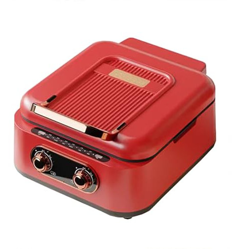 Teglia Elettrica, Padelle Elettriche a Doppia Faccia, Pentola Calda con Griglia, Padelle Elettriche Antiaderenti con Coperchi, per Bistecche Barbecue Coreane(Red)