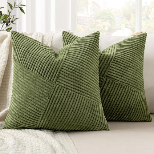 MIULEE Kordsamt Kissenbezug 40x40 Matcha Grün 2er Set Dekokissen | Kissenbezüge Zierkissenbezug Kissenhülle Sofakissen Streifen Muster Patchwork Design für Wohnzimmer