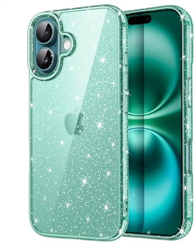 JETech Cover Glitter per iPhone 16, Verde Acqua | Design con Glitter Brillante, Custodia Protezione Antiurto, Retro Trasparente, Stile Elegante
