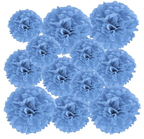 PATIKIL 12 Stück 10/15/20 cm Pom Poms Papier Blumen, Papierblumen Hochzeitsdeko Seidenpapier für Hochzeit Brautdusche Geburtstagsparty Hintergrund Dekoration, Seeblau