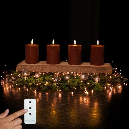 INSPINOVIA LED Echtwachs Kerzen 4er Set mit Fernbedienung & Timer | Weihnachtskerzen | Ideal für Adventskränze | Weihnachtsdeko | Adventskerzen (Rot, 4er Set | 10 cm)