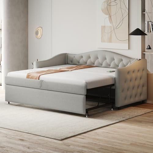 Zravenna Polsterbett Tagesbett 90x200 mit Ausziehbett Gleiche Höhe, Schlafsofa Ausziehbar mit Lattenrost, Klassische Form mit Knöpfen, Multifunktionsbett Gästebett, Leinenstoff, Grau