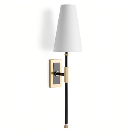 Wandleuchte Messing Innen, Antik Wandlampe Gold und Schwarz mit Stoff Schirm Weiß Vintage Wandleuchten, für Schlafzimmer, Nachttisch, Wohnzimmer, Flur, Spiegel, mit LED 3000K E14 GlüHbirne