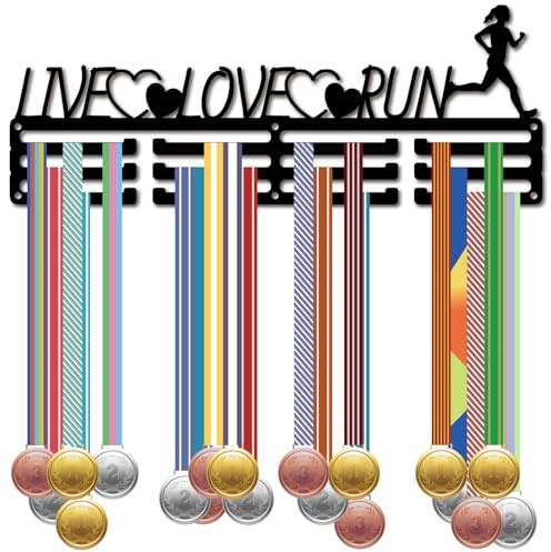 CREATCABIN Medaillenhalter Läufer Wandaufhänger Medaillendisplay Schwarzem Metall Live Love Run Stabile Halterung Für Marathon Auszeichnungen Dekor Halter Mit Schrauben Für Sportler Läufer 40x15cm