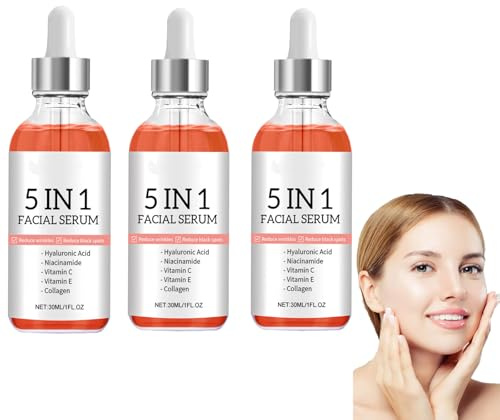 Sérum visage Solution anti-âge 5 en 1, vitamine C, sérum anti-âge pour le visage avec acide hyaluronique, sérum au collagène pour le visage, teint uniforme, ridules (3pcs)