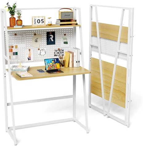 CHOWGOLI Schreibtisch Klappbar mit Pegboard, Platzsparender Home Office Schreibtisch, Computertisch Klappbar für Kleine Räume, Klapptisch Büro mit Regal, Klappschreibtisch Holzfarben, 86x48x138 cm