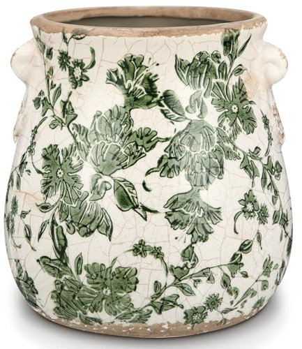 Ninehaoou Ceramic Green Scroll Planter 6.5 Inch Chinoiserie Floral Vase with Drainage Holes Vintage Flower Vase Flower Pot Rustic Ceramic Pots for Indoor Plants Flowers Garden Home Bookshelf Decor