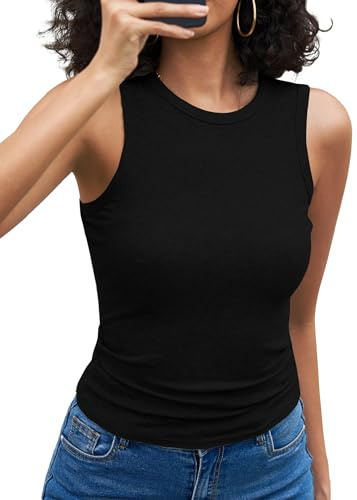 Aottori Canotta Donna Estiva Basic Top Slim Fit Canottiera a Coste Girocollo Shirts Senza Maniche Sexy Tanktop Elasticizzato Casual Nero L