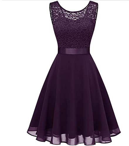 2025 Femmes Courte Dentelle Florale Robe de Demoiselle d'honneur Féminine Longueur Genou Robe de Soirée Swing Robe Festive Dames Longueur Genou Manches Longues, lilas, L