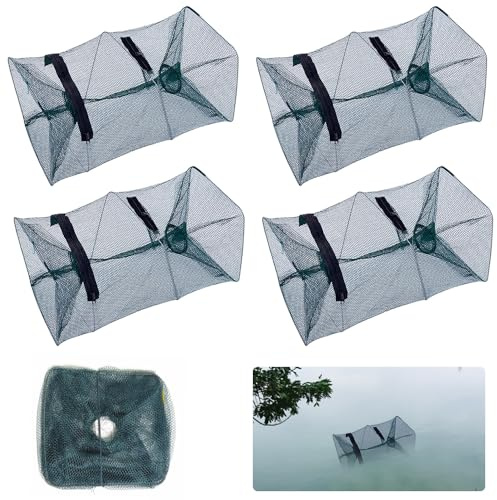 4 Stück Köder Fischreuse Reuse, 45x21x21cm Faltbare Fischfalle Krebsreuse Köderfischreuse Aalreuse mit Futterbeutel & Reißverschluss, Angelbodenkäfige Fischfang für Flusskrebse, Krabben, Sardine