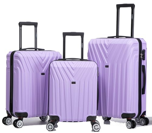 R.Leone Valigia da 1 Fino a Set 4 Trolley Rigido grande, medio, bagaglio a mano 55x40x23 cm Wizz, ITA Airways e bagaglio 45x36x20 cm EasyJet in ABS 9001 (Lilla, Set 3 Pezzi S M L)
